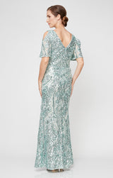 V-Neck Sequin Dress with Cold Shoulder Flutter Sleeve