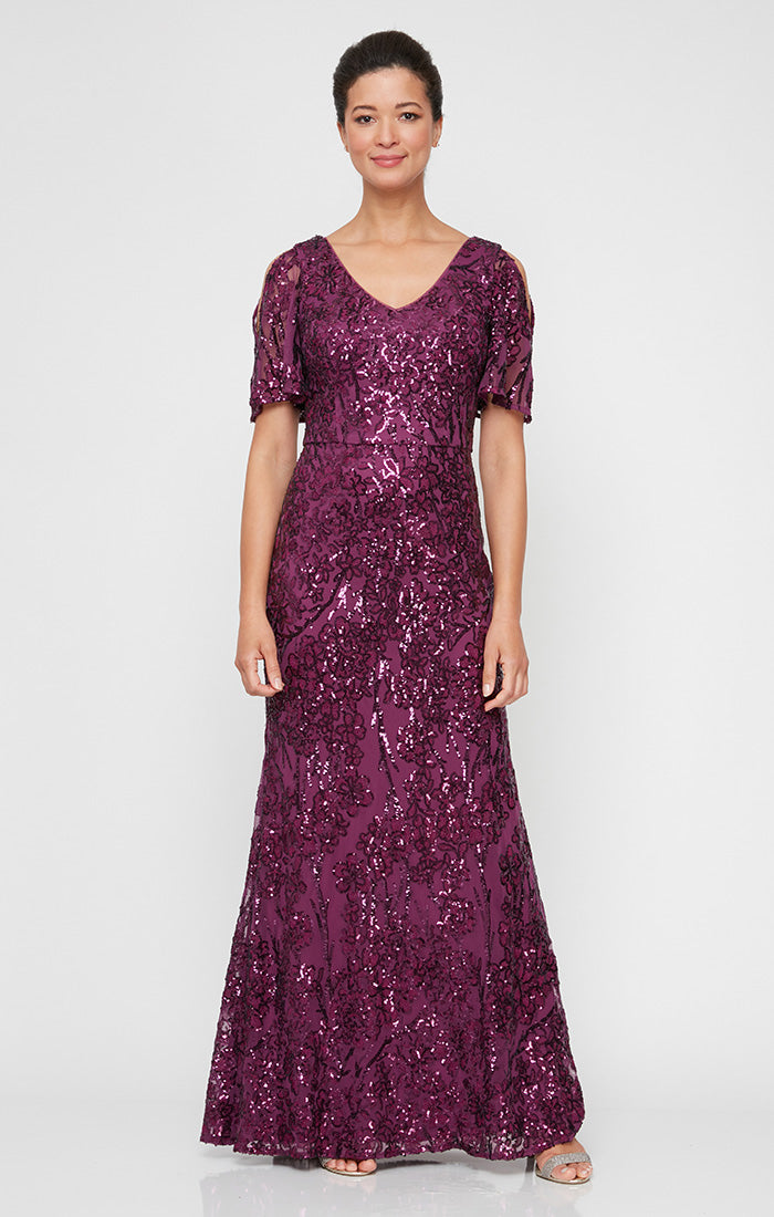 V-Neck Sequin Dress with Cold Shoulder Flutter Sleeve