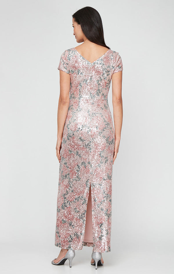 Printed Stretch Sequin Column Dress with Short Sleeves and Ruched Waist