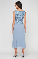 Tea Length Stretch Crepe Sequin Mock Jacket Dress with Square Neckline, Chiffon Skirt and Center Front Button Closure