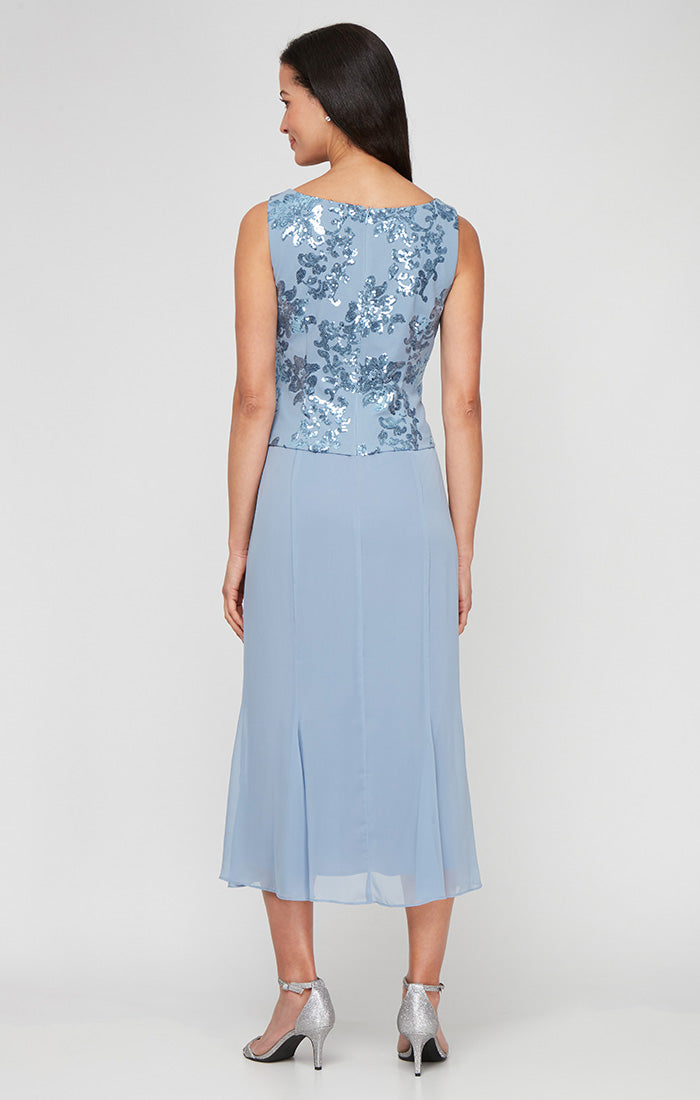 Petite Tea Length Stretch Crepe Sequin Mock Jacket Dress with Square Neckline, Chiffon Skirt and Center Front Button Closure