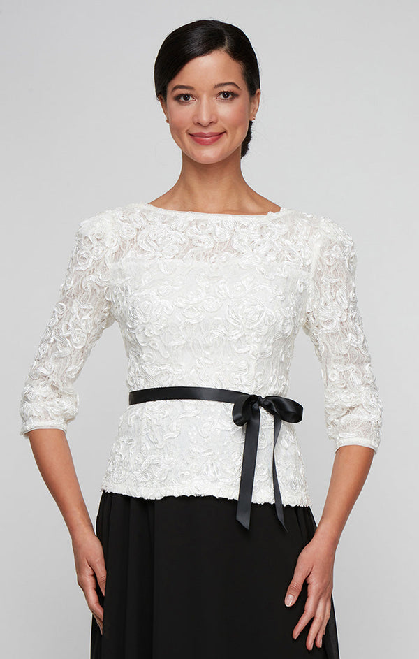 3/4 Sleeve Soutache Blouse with Puff Shoulder Sleeve Detail, Illusion Neckline & Tie Belt