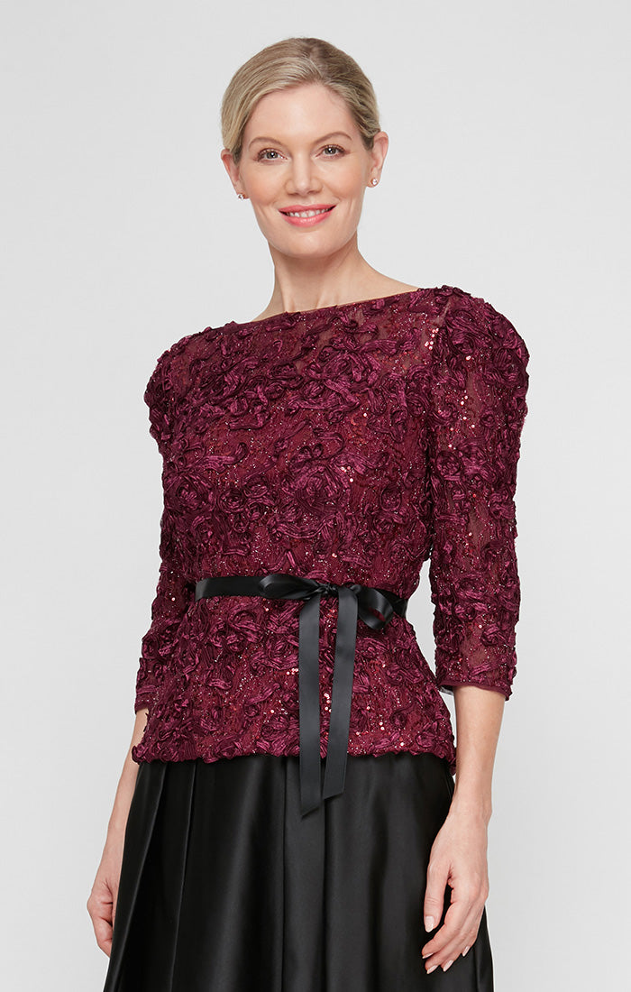 3/4 Sleeve Soutache Blouse with Puff Shoulder Sleeve Detail, Illusion Neckline & Tie Belt