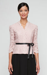 3/4 Sleeve Blouse with Scallop Front Detail and Tie Belt