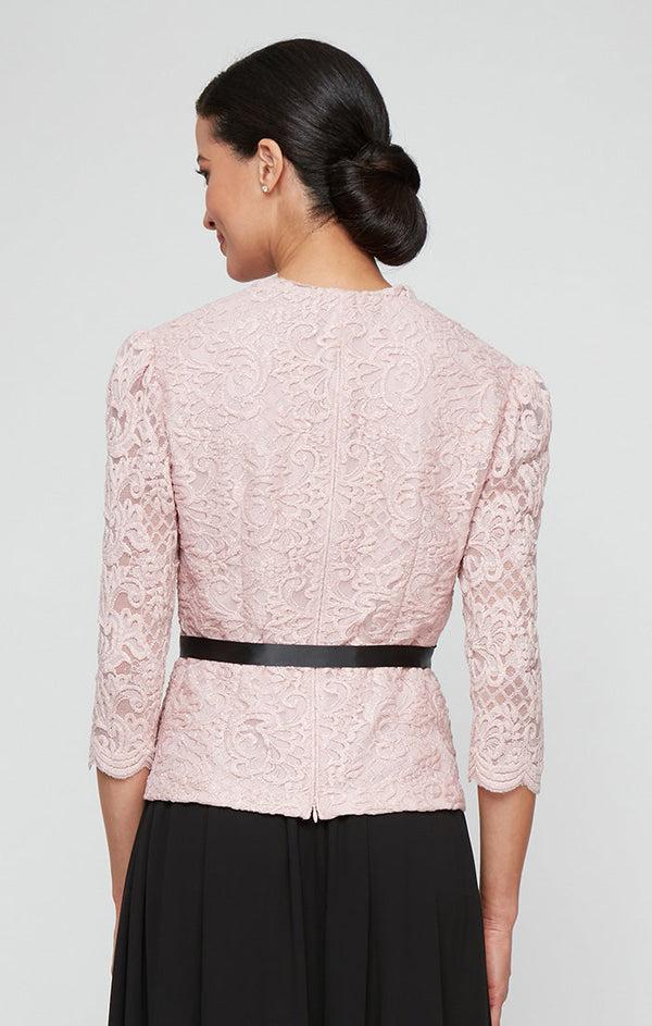 3/4 Sleeve Blouse with Scallop Front Detail and Tie Belt
