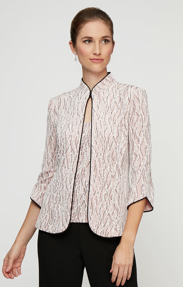 3/4 Sleeve Printed Mandarin Neck Twinset With Scoop Neck Tank and Satin Piping Detail