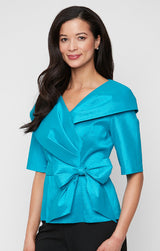 Elbow Sleeve Stretch Taffeta Blouse with Collar and Tie Waist