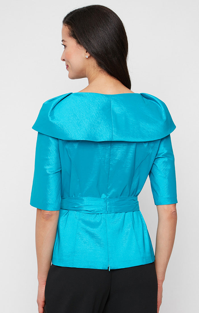 Elbow Sleeve Stretch Taffeta Blouse with Collar and Tie Waist