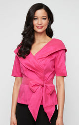 Elbow Sleeve Stretch Taffeta Blouse with Collar and Tie Waist