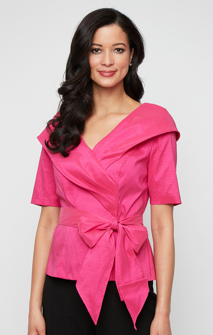 Elbow Sleeve Stretch Taffeta Blouse with Collar and Tie Waist