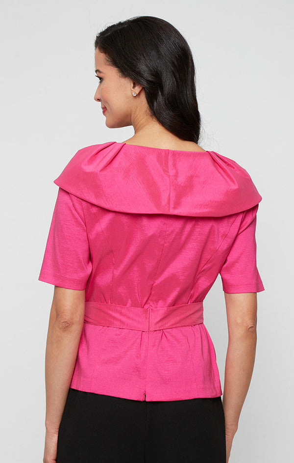 Elbow Sleeve Stretch Taffeta Blouse with Collar and Tie Waist