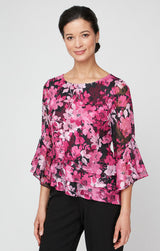 Floral Chiffon Blouse with Asymmetric Triple Tier Hem & Bell Sleeves