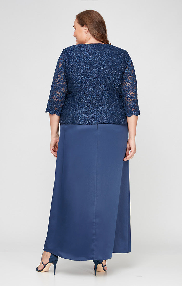 Plus Glitter Lace & Satin Jacket Dress with Open Jacket