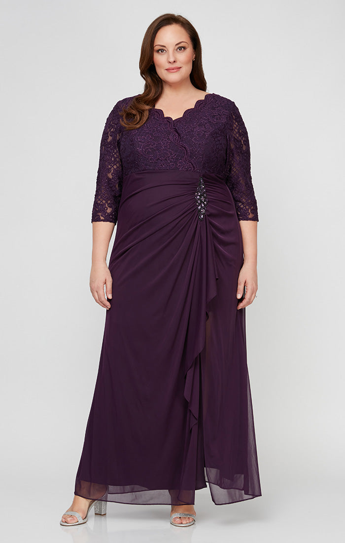 Plus Long A-Line Empire Waist Lace & Mesh Dress with Surplice Neckline, Beaded Ruched Detail Cascade Skirt & Illusion Sleeves