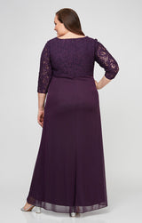 Plus Long A-Line Empire Waist Lace & Mesh Dress with Surplice Neckline, Beaded Ruched Detail Cascade Skirt & Illusion Sleeves