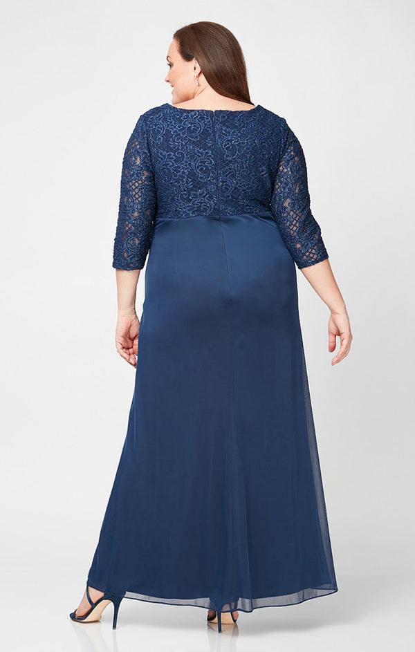 Plus Long A-Line Empire Waist Lace & Mesh Dress with Surplice Neckline, Beaded Ruched Detail Cascade Skirt & Illusion Sleeves