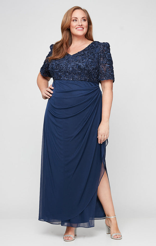 Plus Long Empire Waist Dress with Soutache Bodice, Puff Sleeve Detail and Cascade Ruffle Skirt