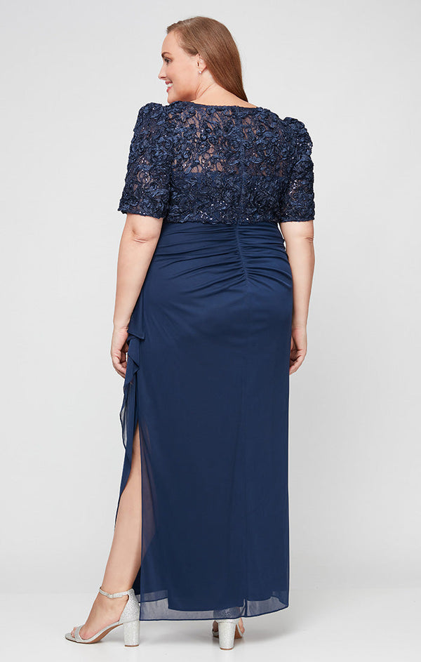 Plus Long Empire Waist Dress with Soutache Bodice, Puff Sleeve Detail and Cascade Ruffle Skirt