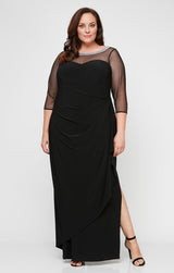 Plus Matte Jersey Illusion 3/4 Sleeve Side Ruched Dress with Embellished Neckline