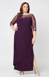 Plus Matte Jersey Illusion 3/4 Sleeve Side Ruched Dress with Embellished Neckline
