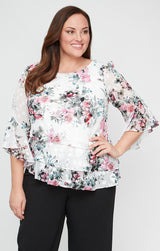 Plus - Printed Chiffon Blouse with Triple Tier Asymmetric Hem & Bell Sleeves