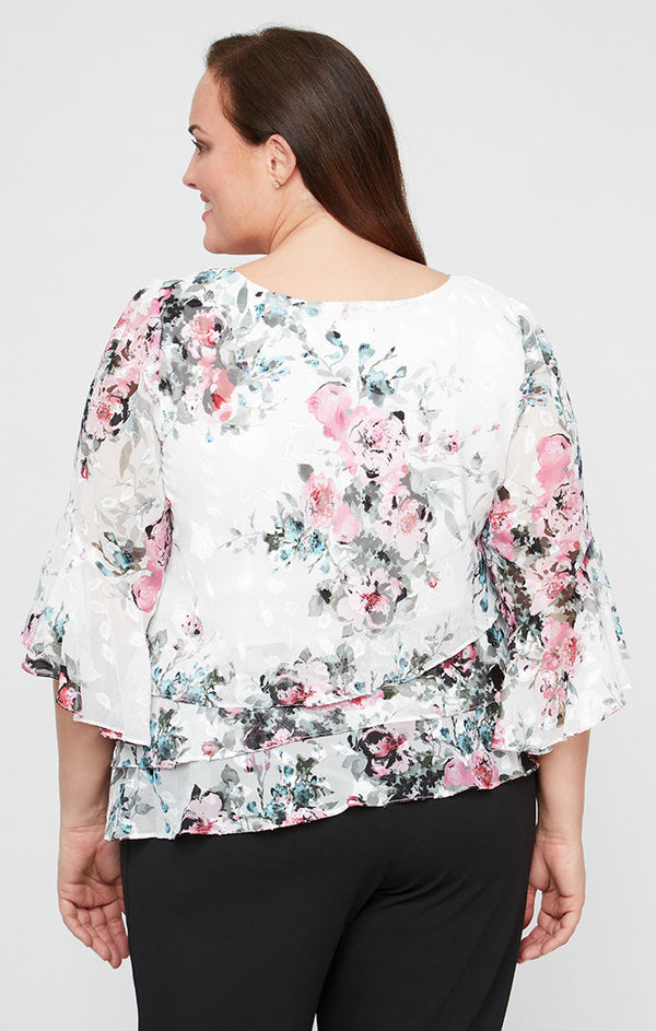 Plus - Printed Chiffon Blouse with Triple Tier Asymmetric Hem & Bell Sleeves