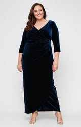 Plus Long Surplice Neckline Velvet Long Dress with Tulip Overlay Hem Skirt and 3/4 Sleeves
