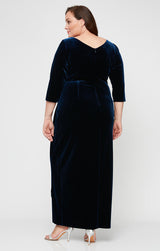 Plus Long Surplice Neckline Velvet Long Dress with Tulip Overlay Hem Skirt and 3/4 Sleeves