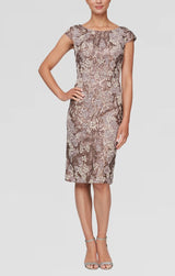 Short Embroidered Sheath Dress With Cap Sleeves and Sequin Detail