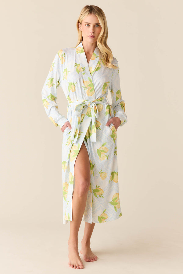 Della Cloud Jersey Banded Midi Robe in Lemon Spritz