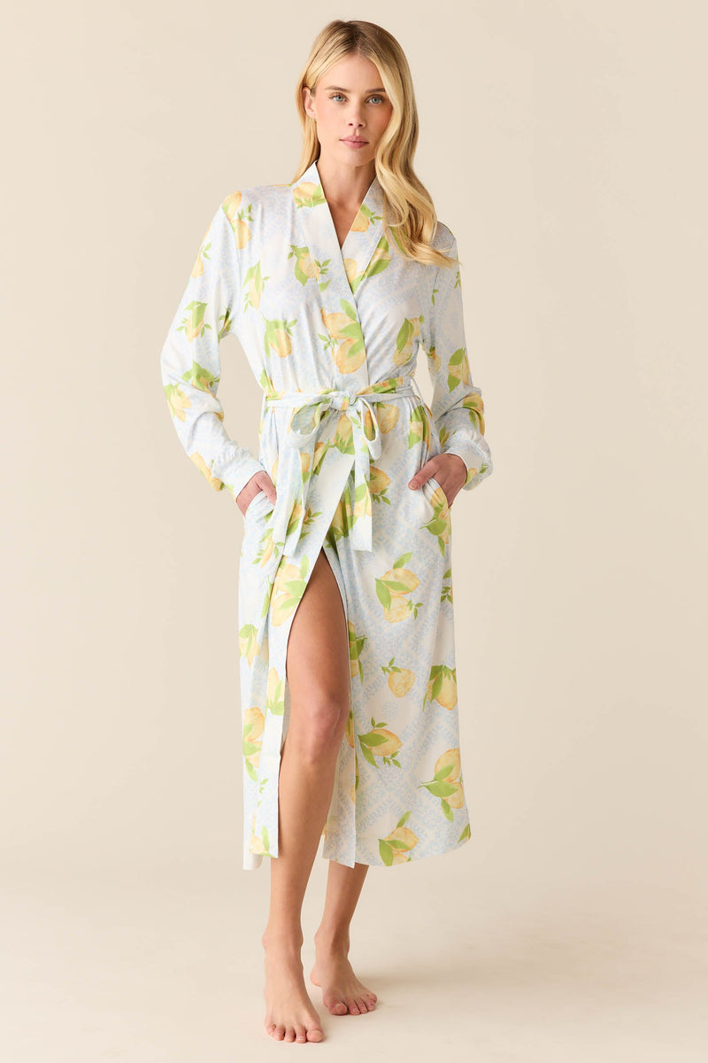 Della Cloud Jersey Banded Midi Robe in Lemon Spritz