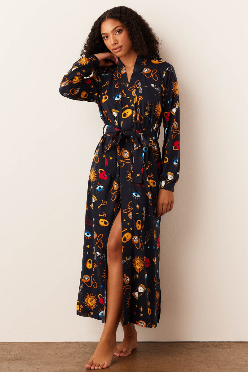 Skyler Cloud Jersey Banded Long Robe in Mystic