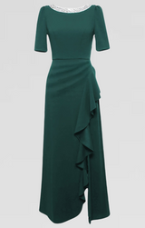 Long Embellished Neck Dress with Elbow Sleeves and Cascade Detail Skirt