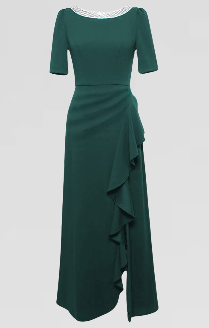 Long Embellished Neck Dress with Elbow Sleeves and Cascade Detail Skirt