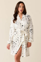 Quinn Cloud Jersey Banded Short Robe in White Stars