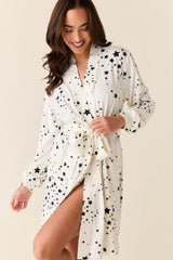 Quinn Cloud Jersey Banded Short Robe in White Stars