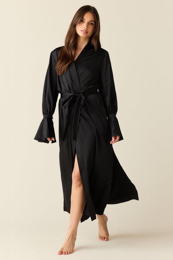Juliette Luxe Satin Cuff Robe in Black