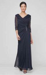 Long Portrait Collar Dress With Embellished Detail at Hip and Ruched Skirt Detail