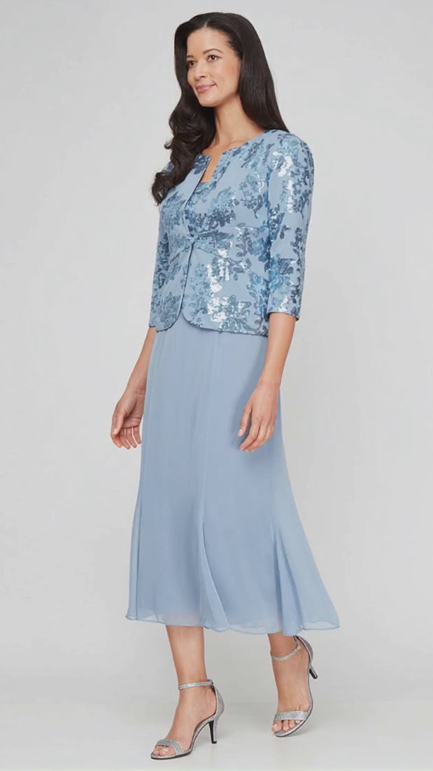 Tea Length Stretch Crepe Sequin Mock Jacket Dress with Square Neckline, Chiffon Skirt and Center Front Button Closure