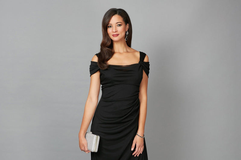 Cold Shoulder Mesh Gown with Cowl Neckline & Overlay Skirt