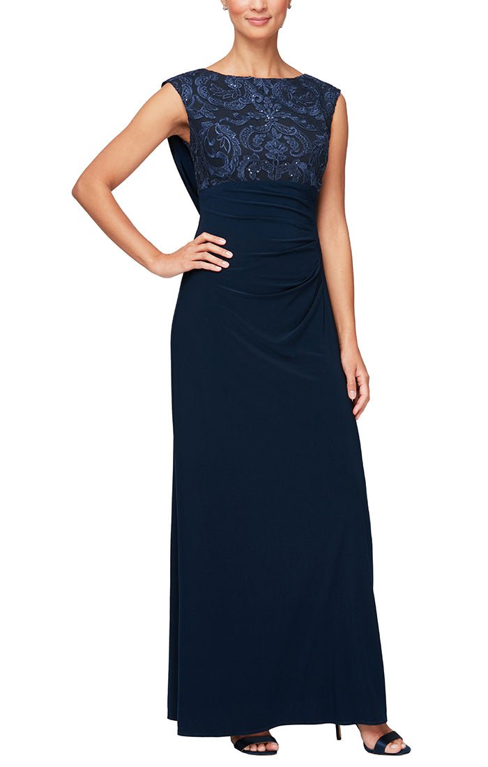 Empire Waist Dress with Matte Jersey Body and Cowl Back Detail with an Embroidered Sequin Lace Bodice