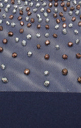 Long Column Stretch Crepe Gown with Heat Set Illusion Neckline & Bell Sleeves