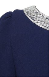 Long Embellished Neck Dress with Elbow Sleeves and Cascade Detail Skirt