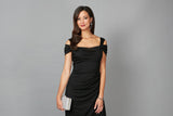 Petite Cold Shoulder Mesh Gown with Cowl Neckline & Overlay Skirt