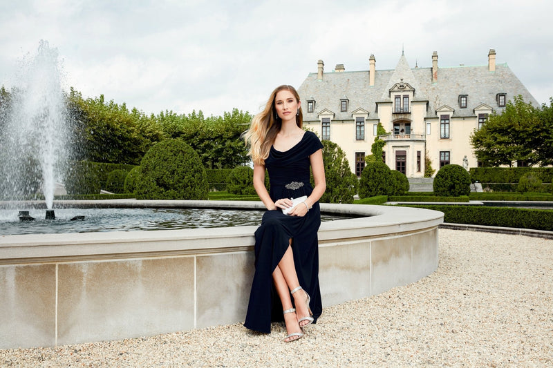 Petite Long Cowl Neck A-Line Matte Jersey Dress with Pleated Bodice Detail, Cowl Back, and Embellishment Detail