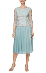Petite Embroidered Tulle Dress with Illusion Sleeves & Scallop Trim