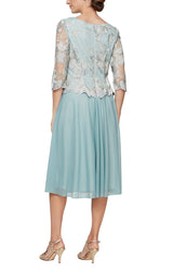 Petite Embroidered Tulle Dress with Illusion Sleeves & Scallop Trim