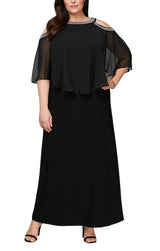 Plus Cold Shoulder Popover Jersey & Chiffon Gown with Beaded Neckline