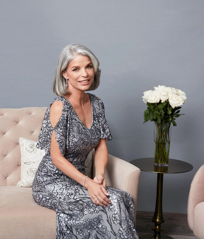 V-Neck Sequin Dress with Cold Shoulder Flutter Sleeve